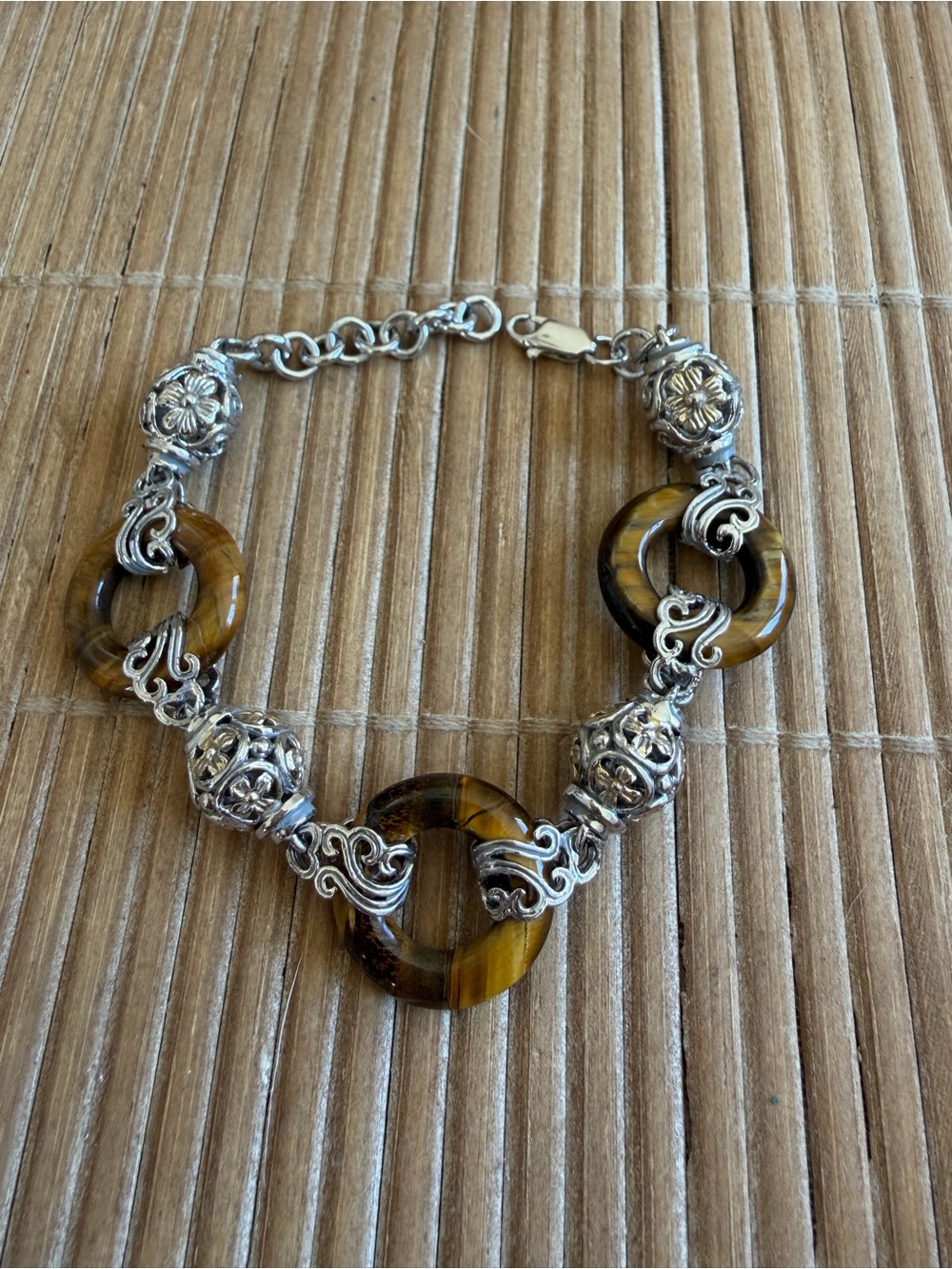 Tiger Eye and Silver-Tone Ring Link Bracelet